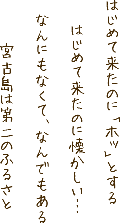 はじめて来たのに「ホッ」とする はじめて来たのに懐かしい… なんにもなくて、なんでもある 宮古島は第二のふるさと